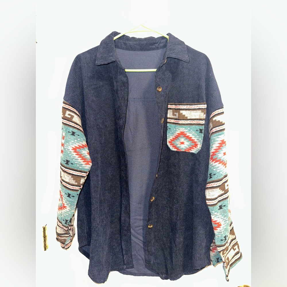 Navy Corduroy Aztec Shacket NWOT